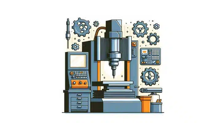 A detailed vector image of a CNC milling machine among various mechanical gears, representing precision engineering and manufacturing.