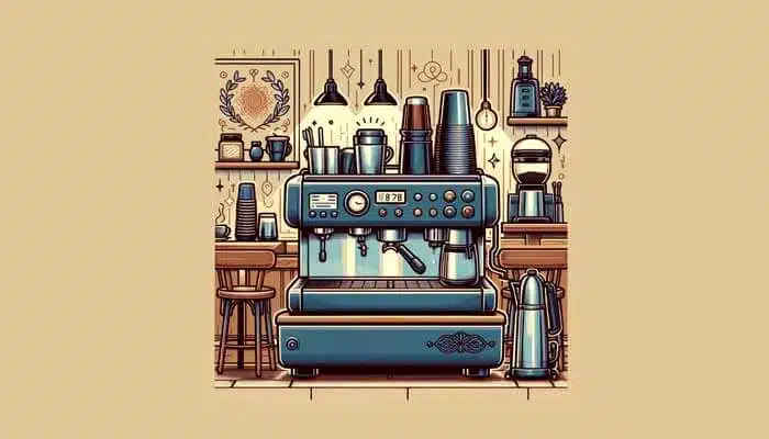 A vector image of a commercial coffee machine with assorted cups and coffee accessories on a counter, depicting a cozy cafe atmosphere.