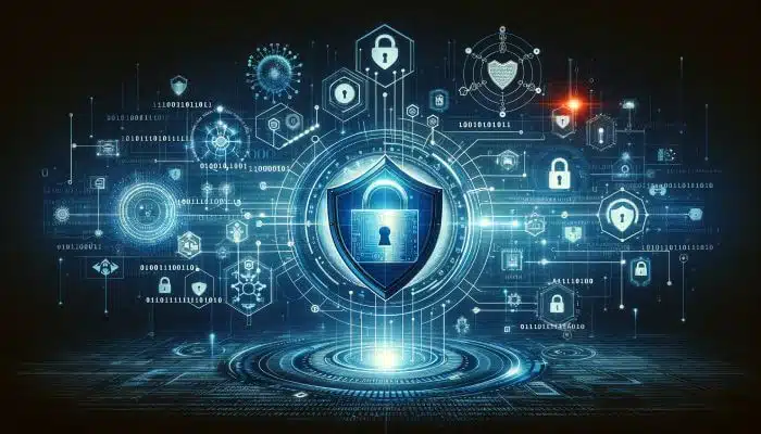 A digital artwork symbolizing cybersecurity, with a large shield at the center emblazoned with a lock icon, surrounded by various security-related symbols and data encryption elements.