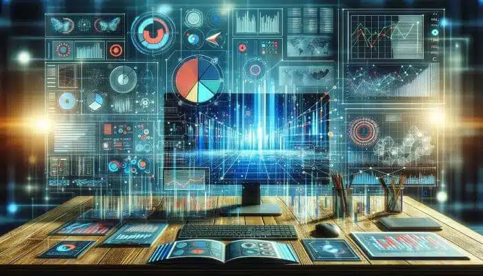 A detailed scene representing data analysis with a workspace setting that includes a computer monitor displaying graphs and analytics, surrounded by various types of charts and data visualization graphics.