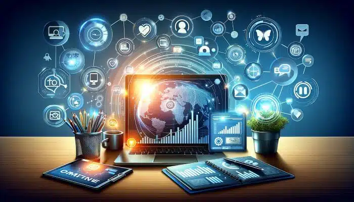 The image portrays a digital marketing workspace with a laptop displaying global network connectivity and data analytics.