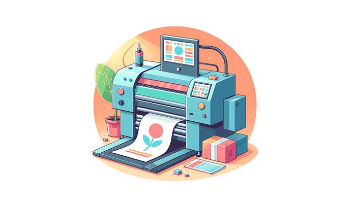 A vector image of a digital printing machine producing vibrant prints, with design elements indicating creativity and custom printing services.
