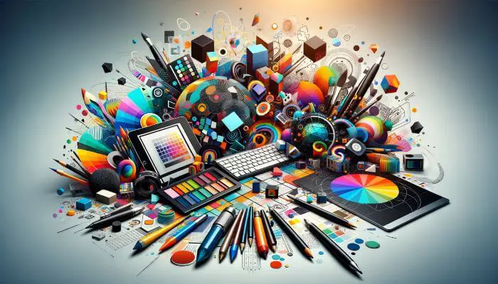 The image displays a vibrant and dynamic arrangement of graphic design tools and elements, including a tablet with a stylus, color palettes, a computer keyboard, and various icons and shapes representing digital design.