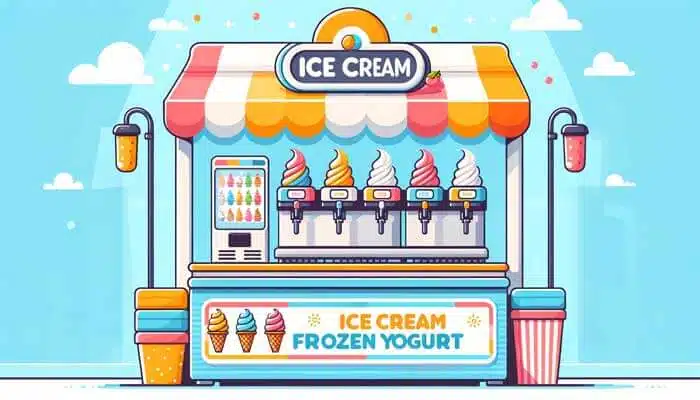 A cheerful vector image of an ice cream and frozen yogurt vending stand under a striped awning, inviting a treat on a sunny day.