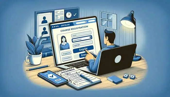 Vector illustration of a person enrolling in Knowadays course, showing a laptop with a website open for course registration, a notepad with a checklist