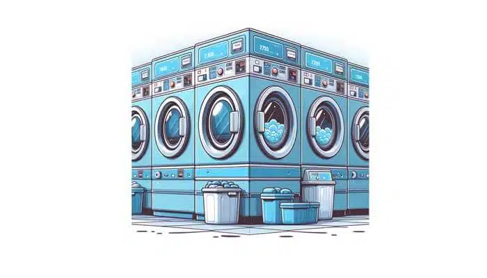A vector illustration of a row of blue coin-operated laundry machines, indicating a clean and efficient laundromat environment.