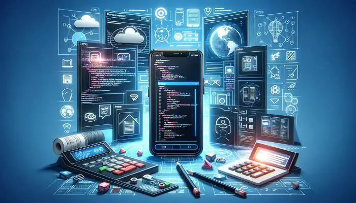 An artistic depiction of mobile app development, with a smartphone at the center displaying lines of code, flanked by development and design icons. 