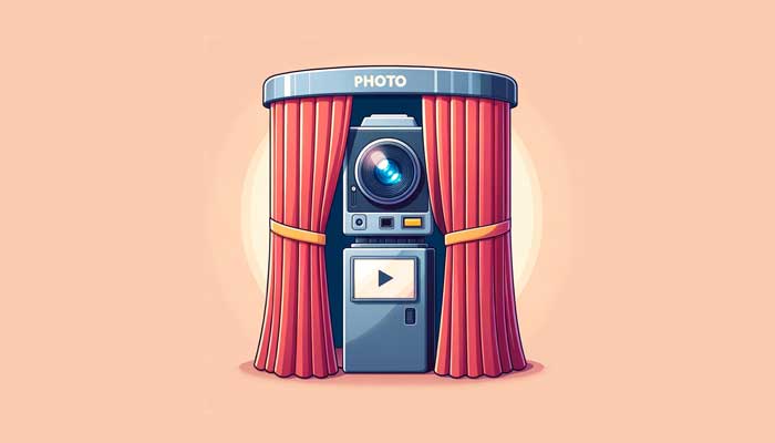 A whimsical vector image of a photo booth with red curtains and a camera, symbolizing fun and memories at social events.