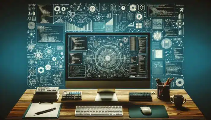 A thematic representation of programming, illustrating a desktop setup with a large monitor showing a sophisticated code editor, enveloped by various programming and software development icons.