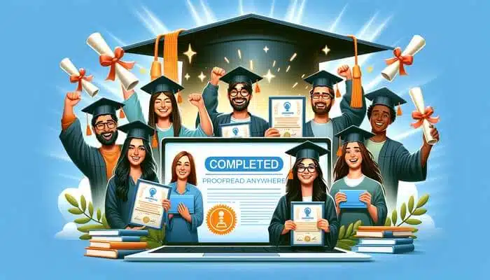 Showcasing the achievements and joy of diverse individuals who have completed the Proofread Anywhere course.