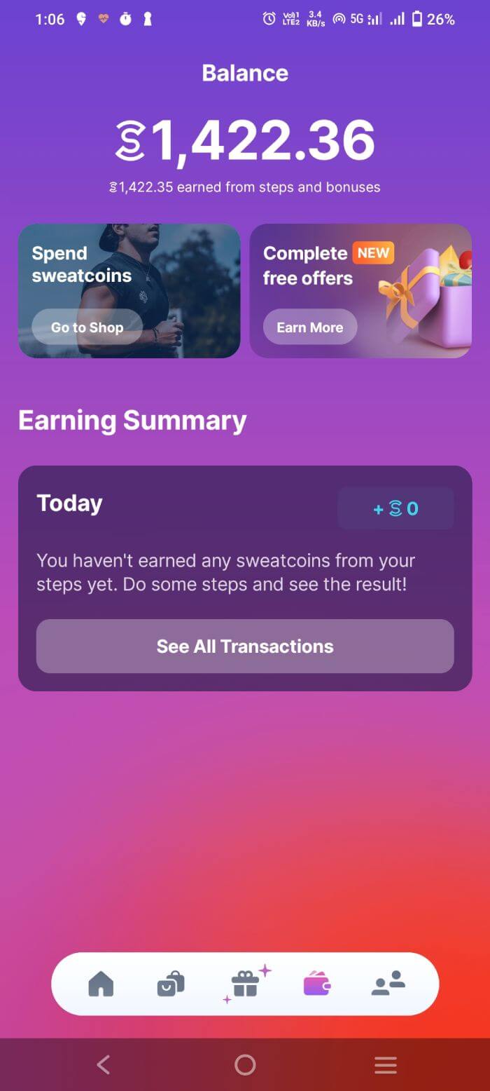 Screenshot of Sweatcoin app earning potential
