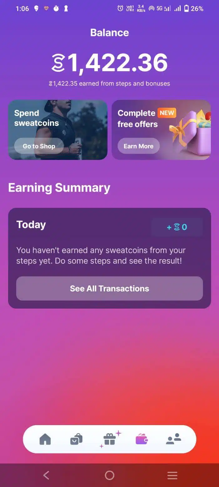 Screenshot of Sweatcoin app earning potential