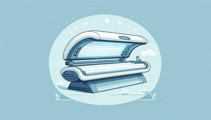 A serene vector image of a tanning machine open and ready for use, set against a backdrop of stars, conveying relaxation and beauty services.