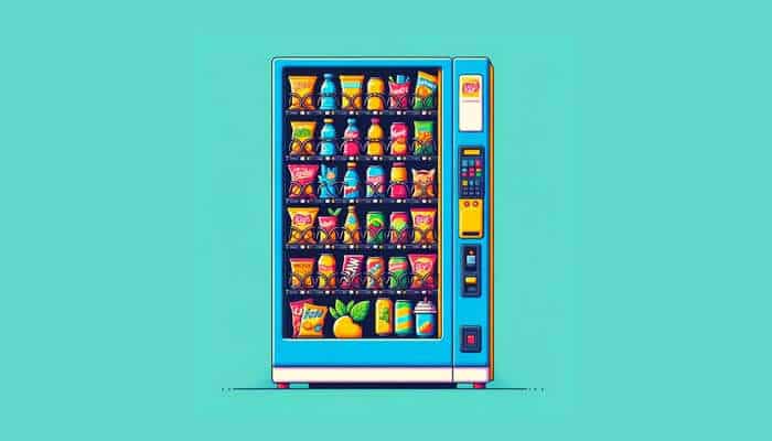 A vector illustration of a colorful vending machine filled with an assortment of snacks and drinks.