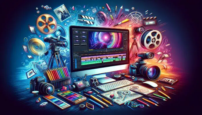 An energetic and colorful depiction of video editing and production, featuring a computer with video editing software on the screen, surrounded by cameras, film reels, and multimedia equipment. 