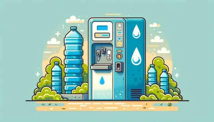 A vector illustration of a water purification machine in a lush green setting, with large bottled water containers on either side, signifying the importance of clean drinking water access.