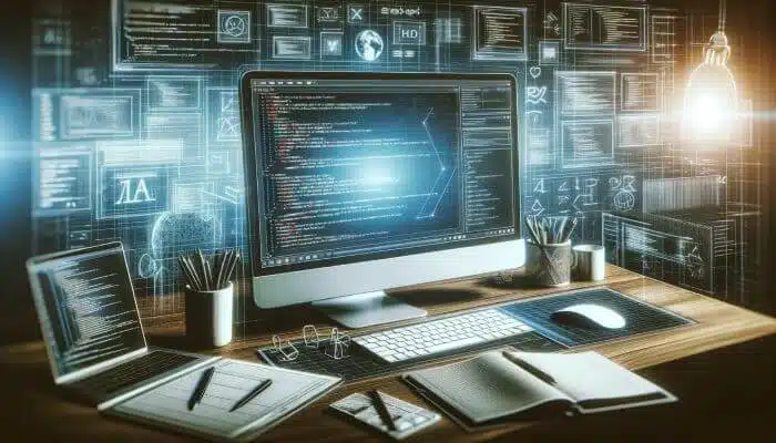 The image depicts a professional workspace for web development, featuring a desktop computer with code on the screen, suggesting a software development environment. 